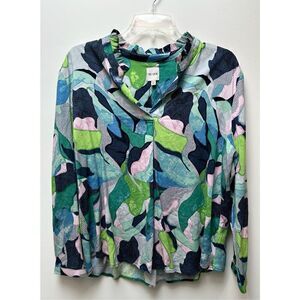 Nic + Zoe women’s blue green pink abstract long sleeve top size PL  #34-1239
